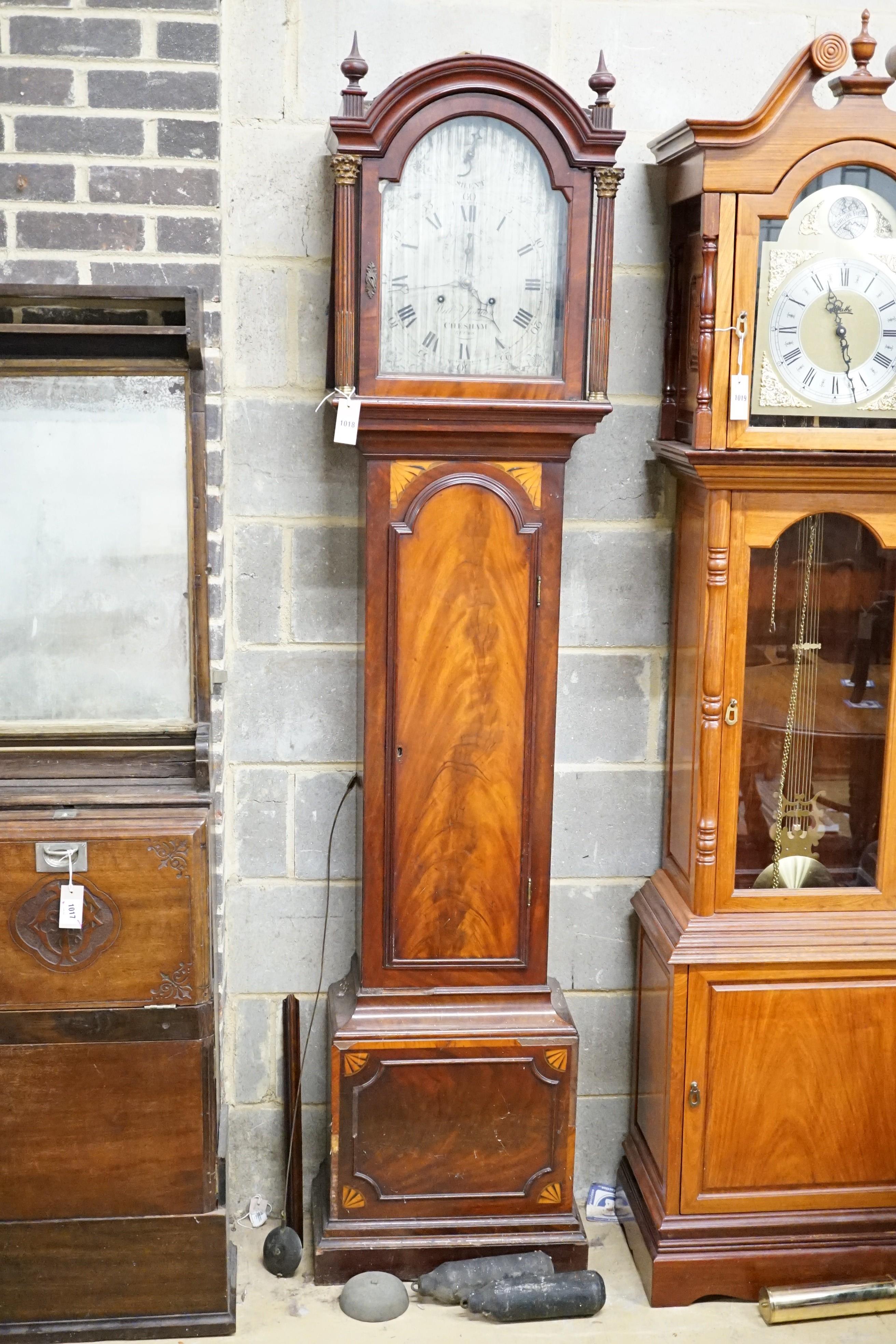 William Jordan, Chesham, Bucks. A George III inlaid mahogany 8 day longcase clock with signed silvered dial, height 216cm